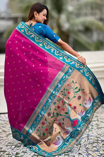 magenta silk saree with paithani zari work