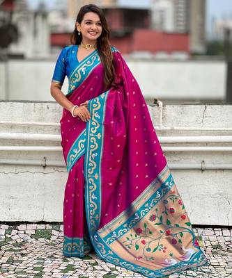 magenta silk saree with paithani zari work 3
