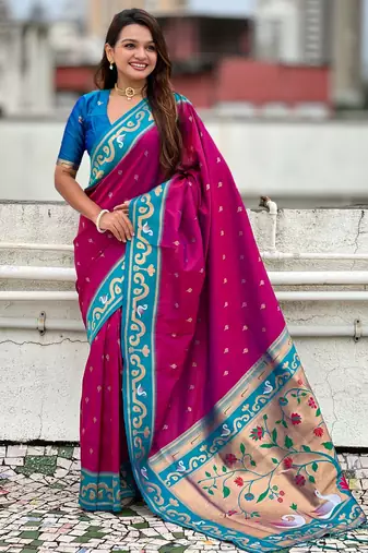 magenta silk saree with paithani zari work