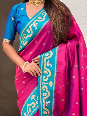 magenta silk saree with paithani zari work 4