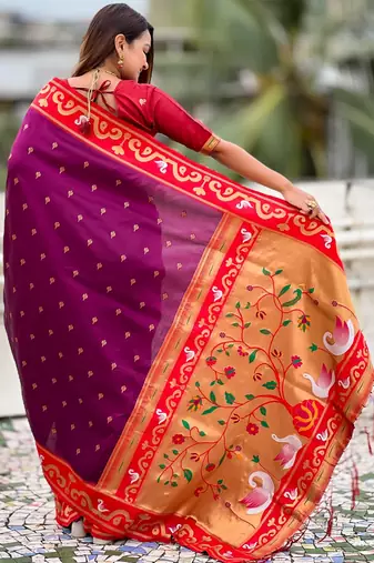 purple silk saree with zari butti work