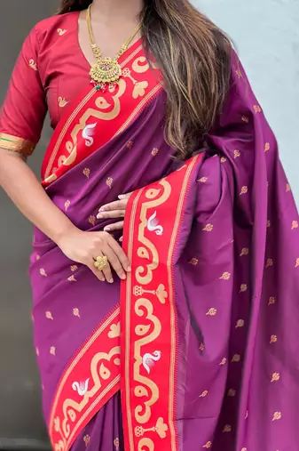purple silk saree with zari butti work