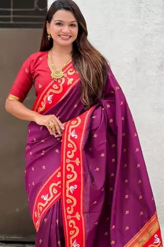 purple silk saree with zari butti work