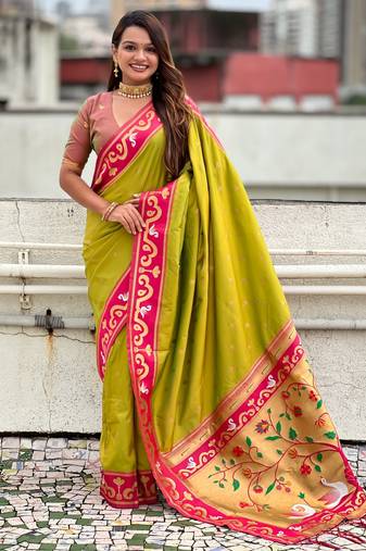 Green paithani silk zari weaving saree with contrast blouse piece