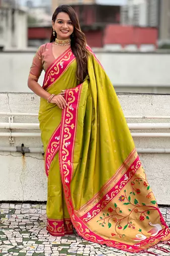 Green paithani silk zari weaving saree with contrast blouse piece