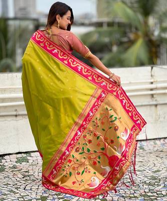 green silk saree with paithani zari work 2