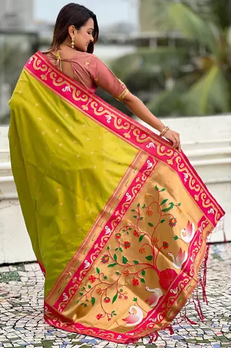 green silk saree with paithani zari work