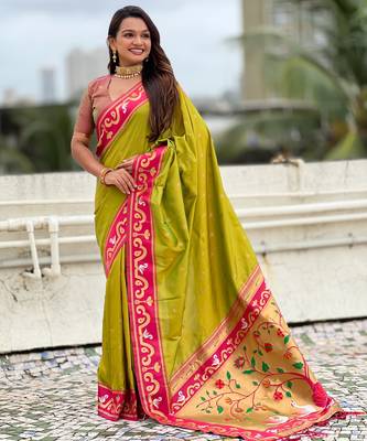 green silk saree with paithani zari work 3