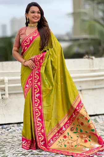 green silk saree with paithani zari work