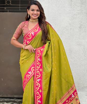 green silk saree with paithani zari work 5