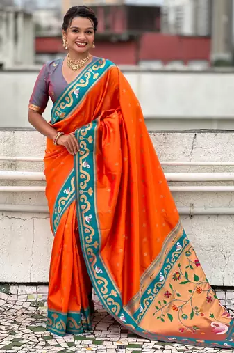 Orange paithani silk zari weaving saree with contrast blouse piece