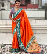 orange silk saree with zari butti work