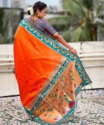 orange silk saree with zari butti work 2