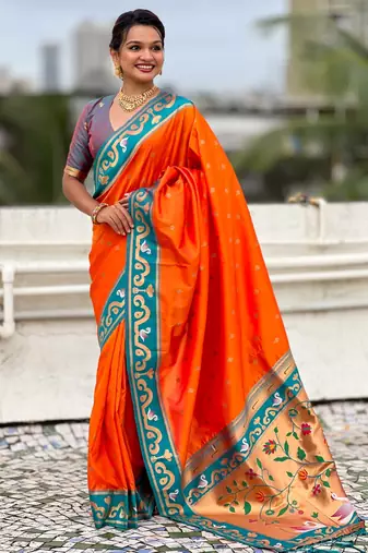 orange silk saree with zari butti work
