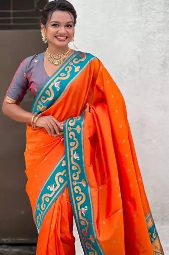 orange silk saree with zari butti work