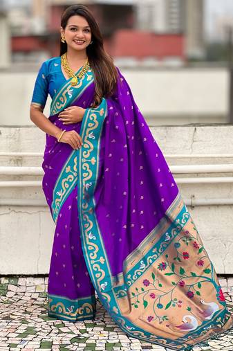 Purple paithani silk zari weaving saree with contrast blouse piece