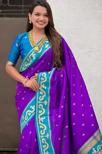 purple silk saree with paithani zari work