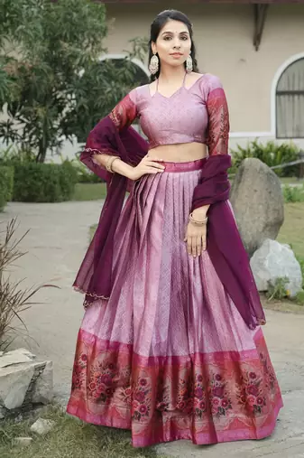 wine silk lehenga choli with kalamkari work