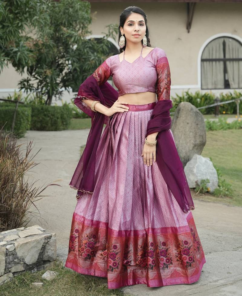 Parrot Color Silk Kalamkari Zari Weaving Border Lehenga Choli With Unstitched Blouse