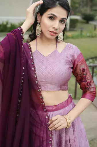 wine silk lehenga choli with kalamkari work