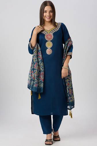 Blue vatican silk kurti pent dupatta set