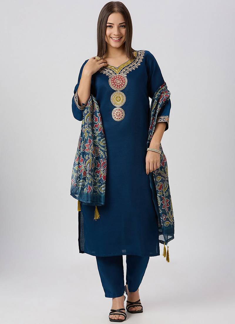 Blue vatican silk kurti pent dupatta set