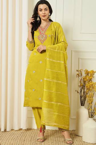 Yellow roman silk kurti pent dupatta set