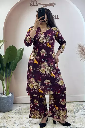 Wine pure soft rayon cotton kurti palazzo dupatta