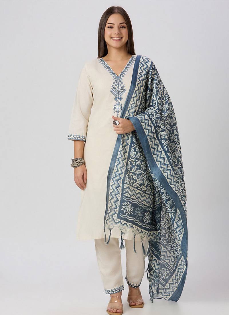 White khadi cotton kurti pent dupatta set