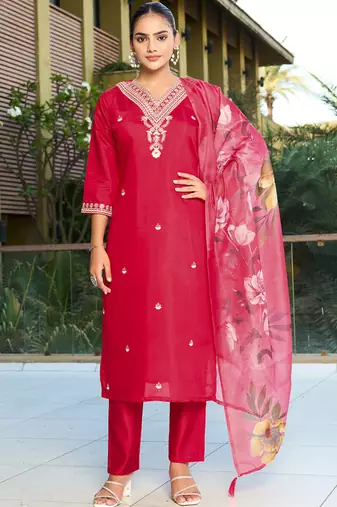 Red roman silk kurti pent dupatta set