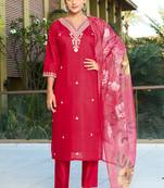 Red roman silk kurti pent dupatta set