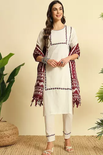 Cream khadi cotton kurti pent dupatta set