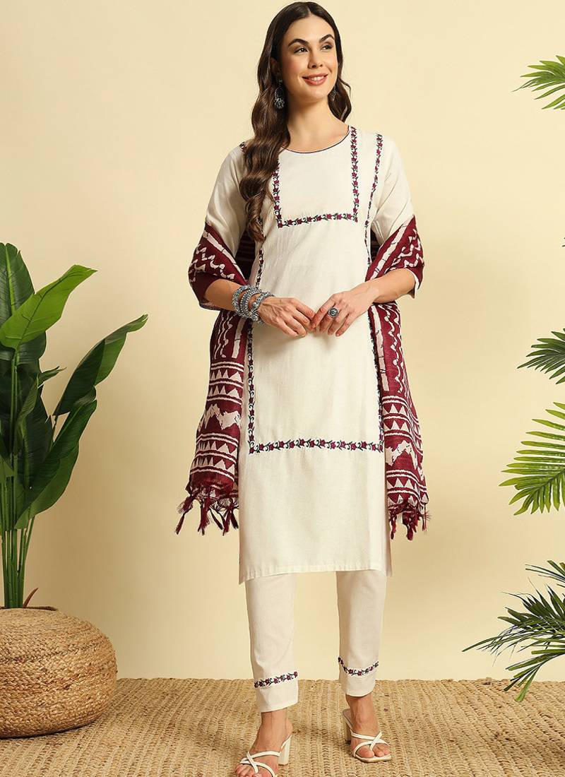 Cream khadi cotton kurti pent dupatta set