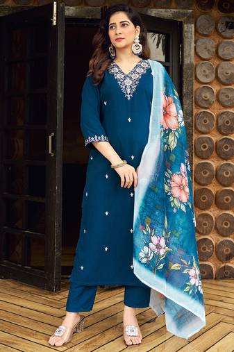 Teal roman silk kurti pent dupatta set