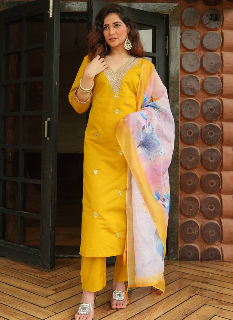 Yellow roman silk kurti pent dupatta set