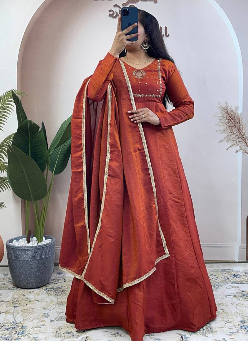 Brown nc vichitra silk anarkali with dupatta