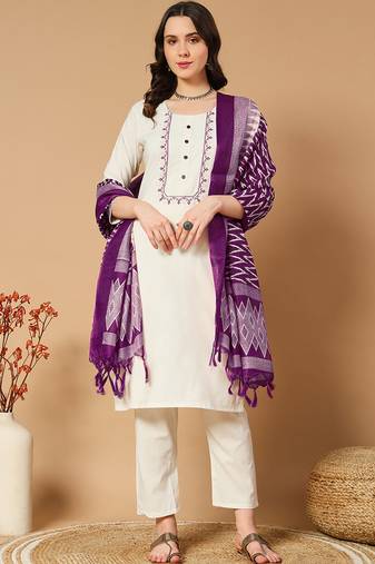 Cream khadi cotton kurti pent dupatta set