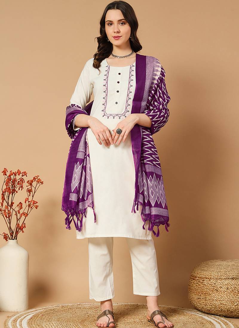 Cream khadi cotton kurti pent dupatta set