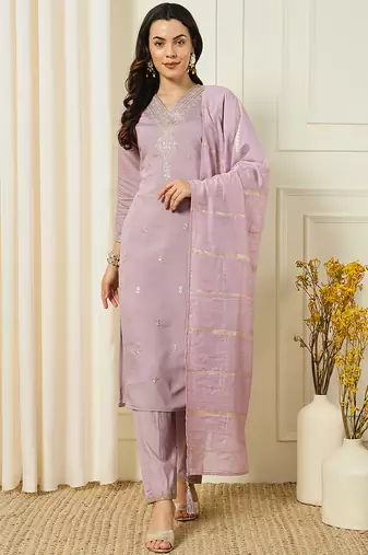 Lavender roman silk kurti pent dupatta set