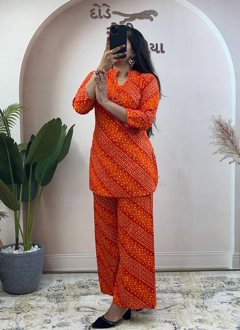 Orange pure soft rayon cotton kurti palazzo dupatta