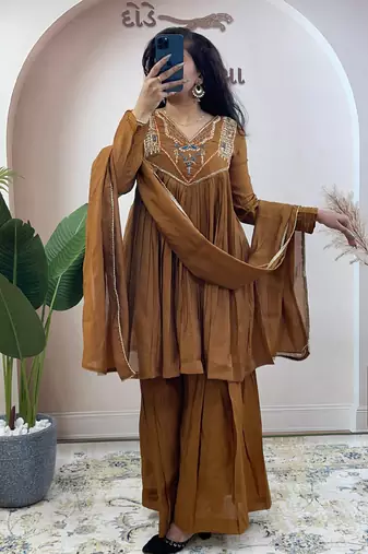 Brown pure mul chanderi salwar suit with dupatta