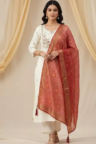 Cream roman silk kurti pent dupatta set