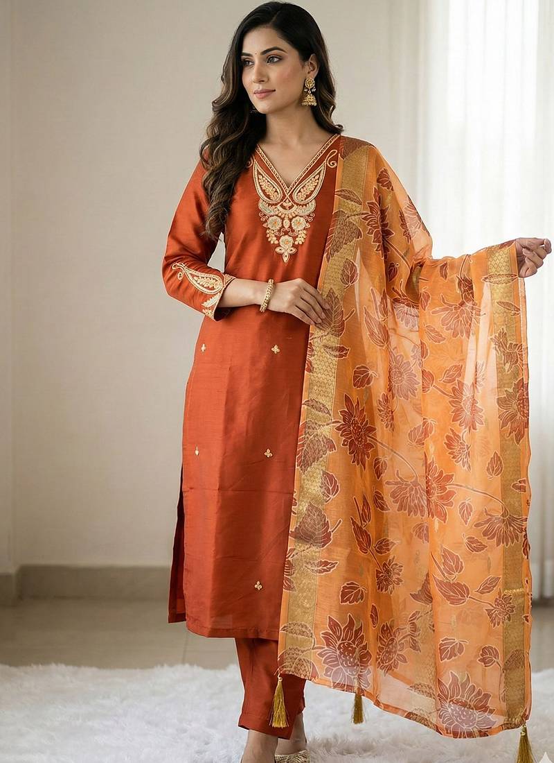 Orange roman silk kurti pent dupatta set