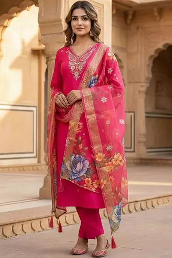 Pink roman silk kurti pent dupatta set