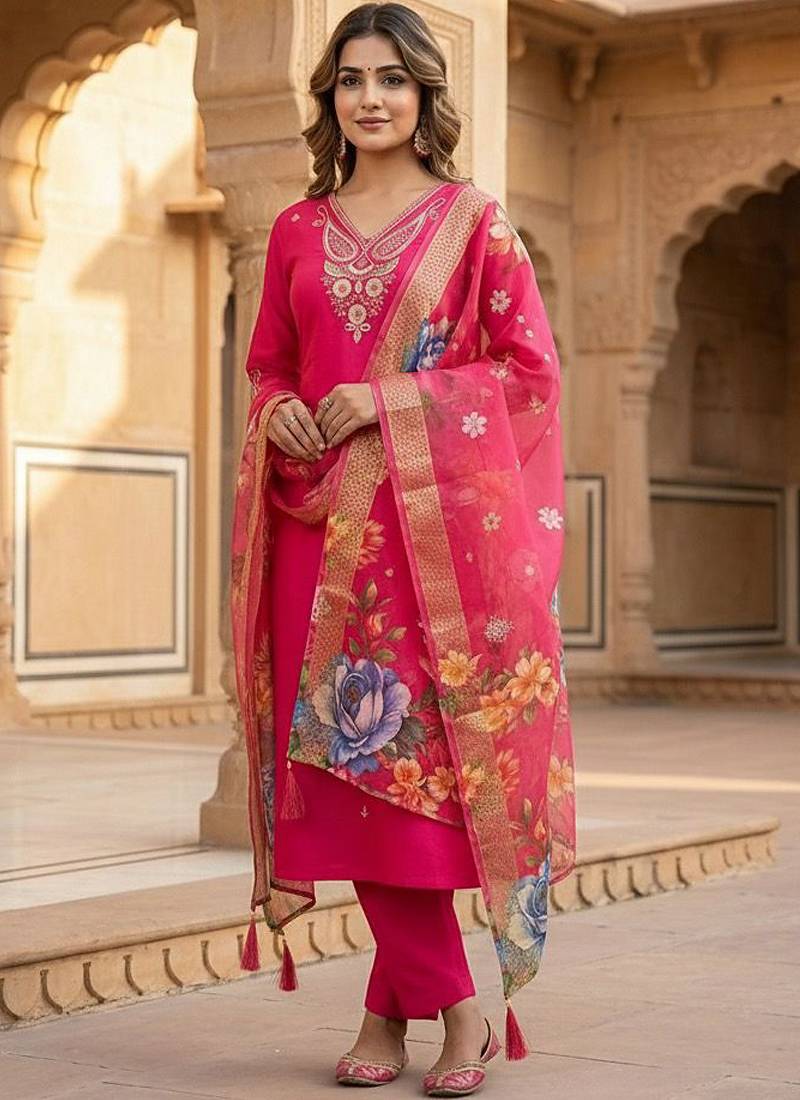 Pink roman silk kurti pent dupatta set