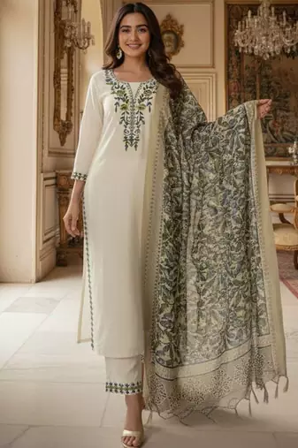 Cream khadi cotton kurti pent dupatta set