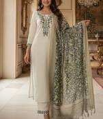 Cream khadi cotton kurti pent dupatta set