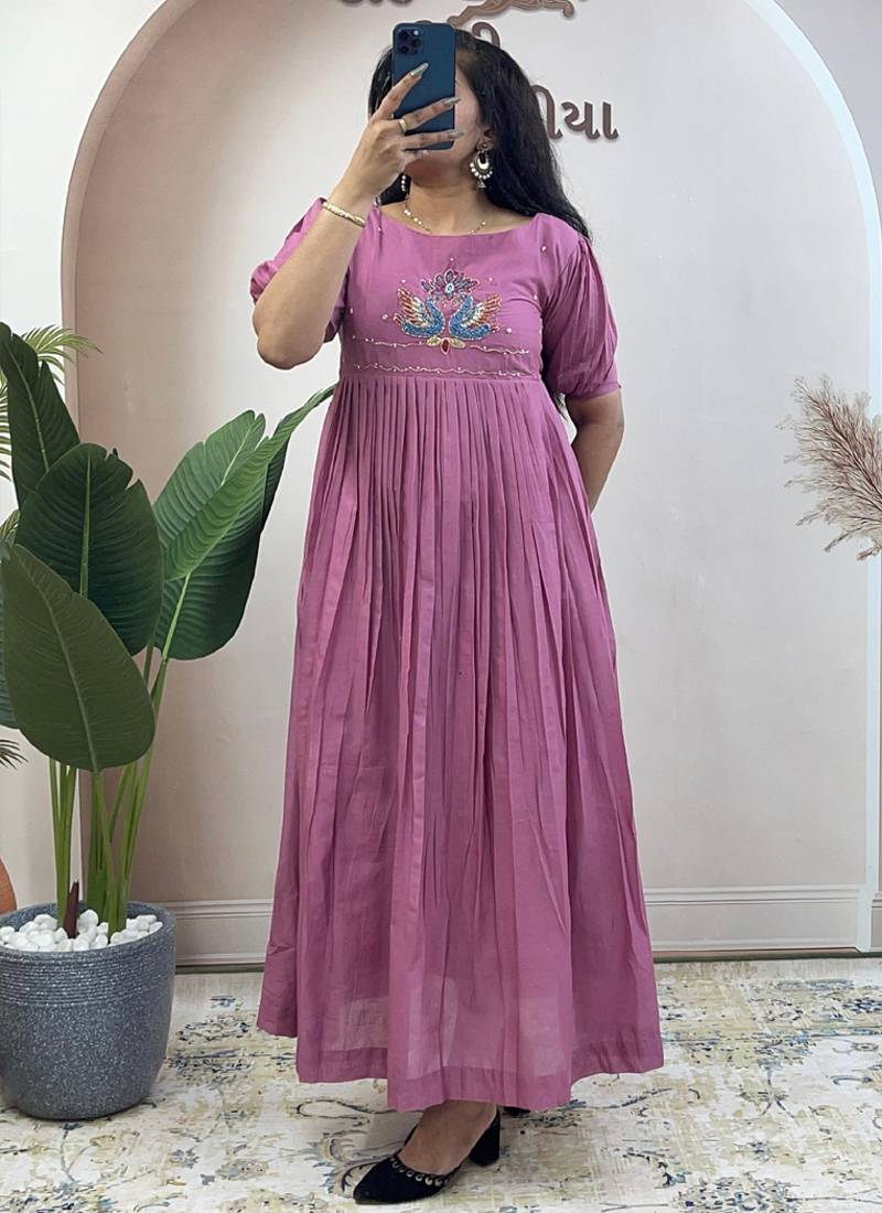 Lavender pure mul cotton handwork kurti with designer sleeves