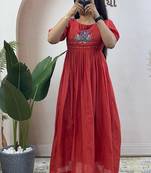 Orange pure mul cotton handwork kurti with designer sleeves