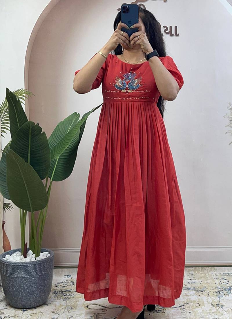 Orange pure mul cotton handwork kurti with designer sleeves